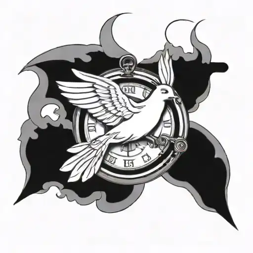 a dove holding a clock face and cross flying away tattoo design idea