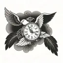a dove holding a clock face and cross flying away tattoo design idea