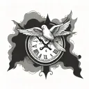 a dove holding a clock face and cross flying away tattoo design idea