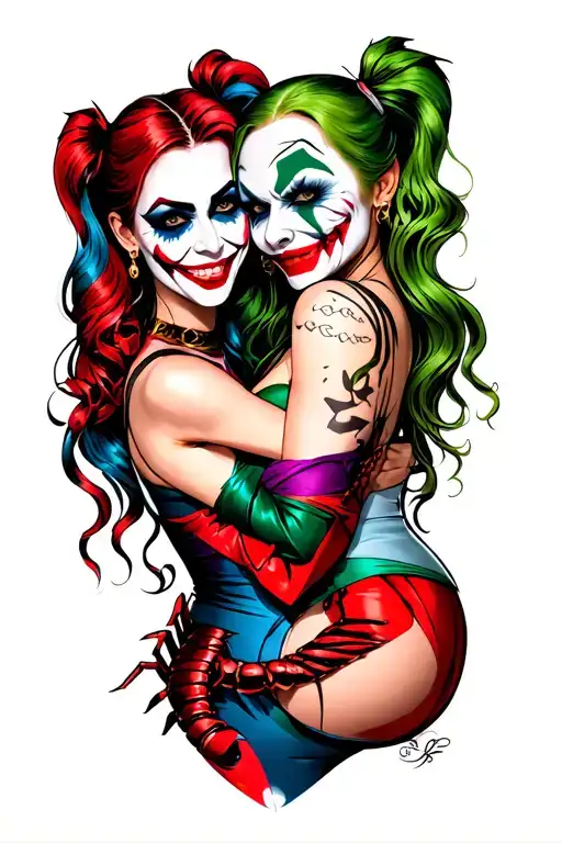 Harley Quinn and joker with Scorpio and Pisces sign tattoo design idea