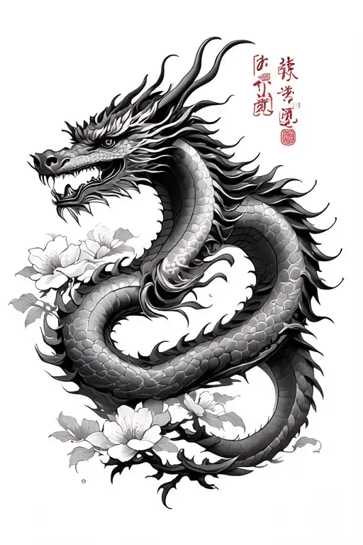 The Dragon Tattoo in the Japanese-Chinese style with Sakura and the temple for the whole hand and collarbone tattoo design idea
