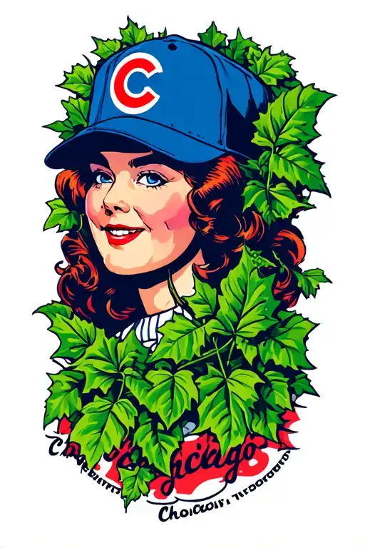 1950s psychedelic technicolor Chicago Cubs ivy leaves tattoo design idea