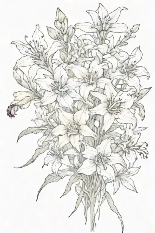 bouquet larkspur, lily, iris, daffodil, marigold, primrose, morning glory tattoo design idea