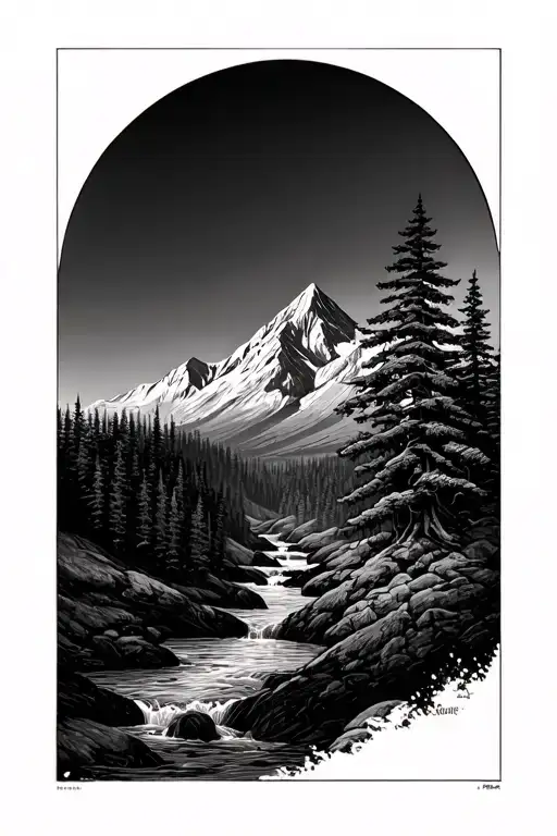 evergreen tree winding stream splits the mountain tattoo design idea