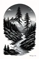 evergreen tree winding stream splits the mountain tattoo design idea