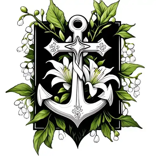 cross faith anchor with lily of valley and hawthorne tattoo design idea