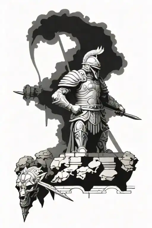 A marble statue of a warrior with intricate armor and weaponry, set against a backdrop of Roman architecture tattoo design idea