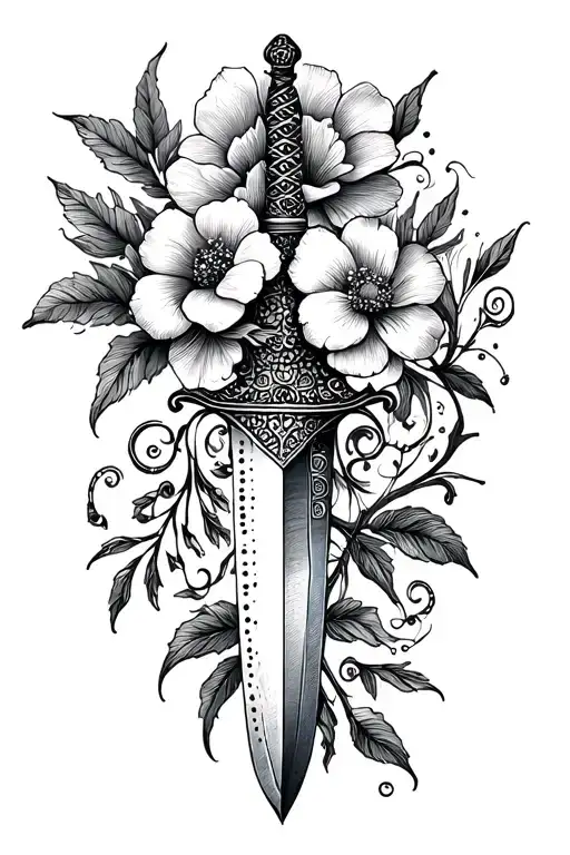 Maki dagger and flowers tattoo design idea
