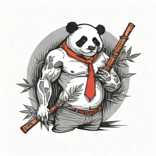 Torso level panda smoking with muscles, rolled up white shirt and a red tie, with bamboo sticks at the back tattoo design idea