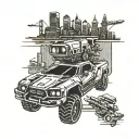 A cyberpunk-inspired tattoo featuring a futuristic car racing through a neon-lit city skyline, with elements of video game graphics and civil engineering details tattoo design idea