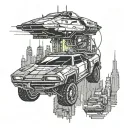 A cyberpunk-inspired tattoo featuring a futuristic car racing through a neon-lit city skyline, with elements of video game graphics and civil engineering details tattoo design idea