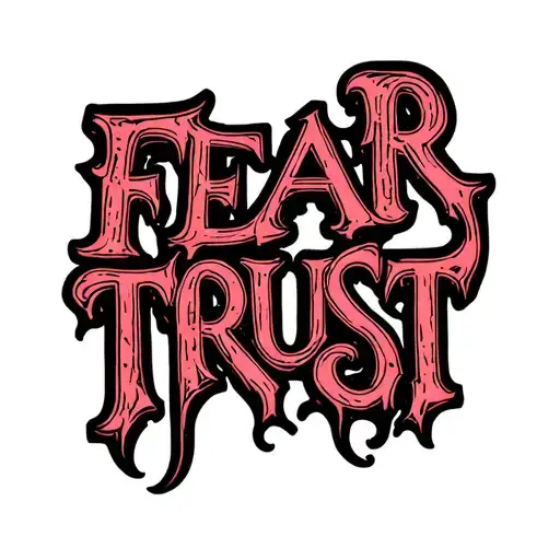 tattoo of the words"Fear" and "Trust" in a stylized, outlined reddish-pink font. "fear" is positioned below on the left  tattoo design idea