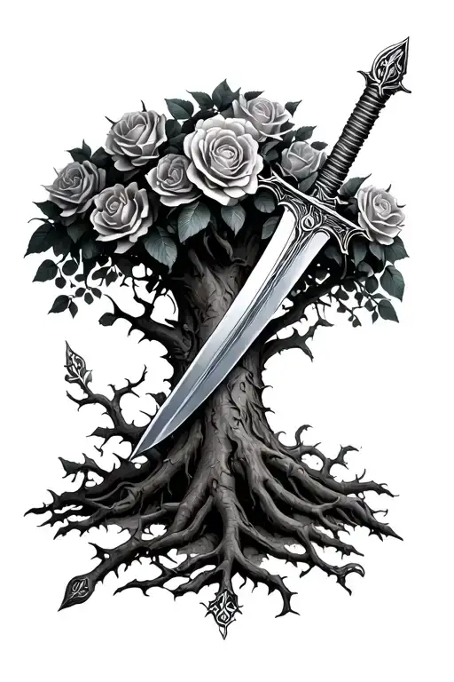 large tree with roses and thorns, sleep token, sword tattoo design idea