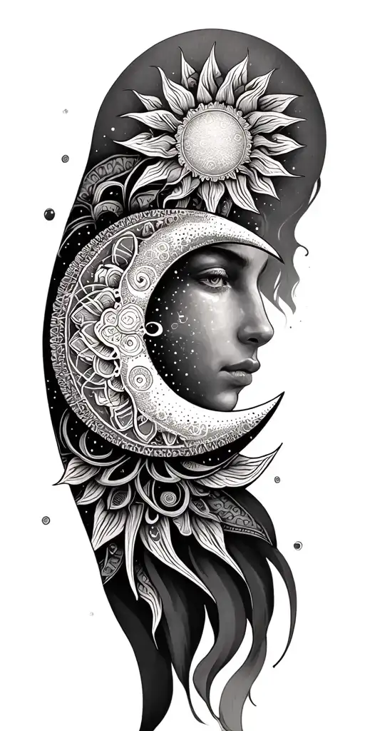 "C" "C" A tattoo of a sun and moon with intricate mandala patterns inside tattoo design idea