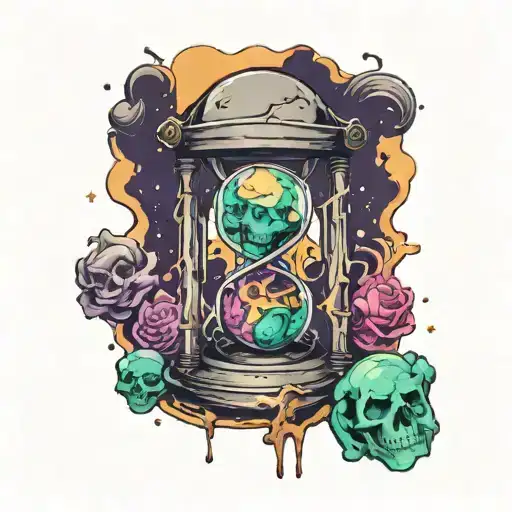 Decaying corpse trapped in an hourglass falling through the crux turning into a galaxy tattoo design idea