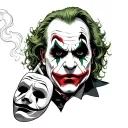 The Joker who smokes a cigarette charismatically, holding a mask in his left hand of a sad clown tattoo design idea