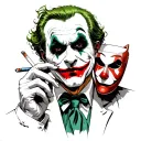 The Joker who smokes a cigarette charismatically, holding a mask in his left hand of a sad clown tattoo design idea