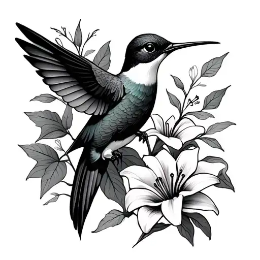 Can you create a tattoo for me combining the ideas of a humming bird, ivy, a trumpet vine, and lilies black fine line tattoo design idea