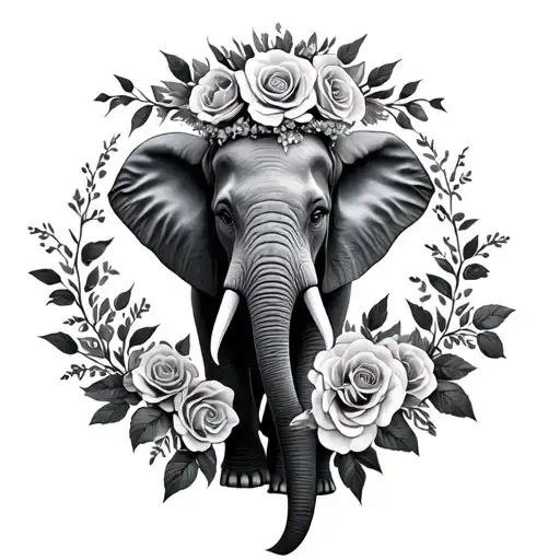 names with elephant with rose crown surrounded tattoo design idea