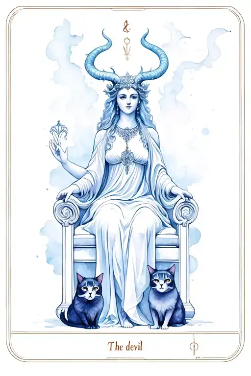 Create a Tarot Card for The devil Tarot card. Elegant and ethereal goddess on a throne with two cats at the bottom.  tattoo design idea