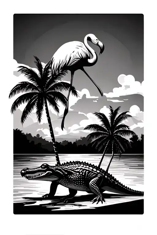 flamingo on top of alligator palm trees beach themed in geometric rhombis design  tattoo design idea