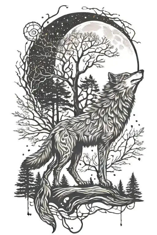 wolf howling at the moon silohouette, forest, cresent moon, arrowhead, dream catcher,forest tattoo design idea