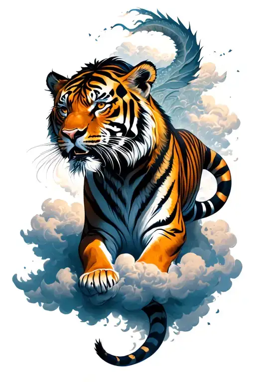 A tiger down the clouds with a calm look, his body intertwines the clouds like a dragon tattoo design idea