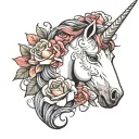 gentel unicorn face with roses around tattoo design featuring tattoo design idea