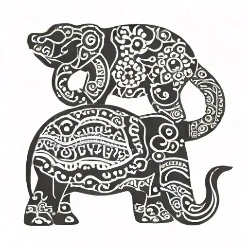thai quote next to minimalistic turtle next to an elephant but still flows like 1 piece of art tattoo design idea