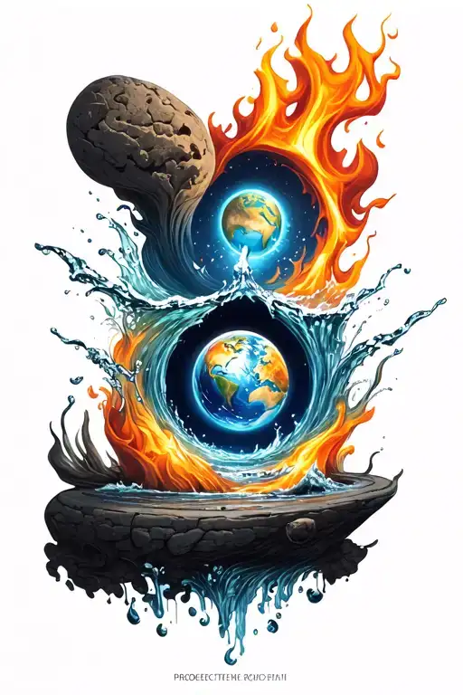A unique design combining the four elements (earth, water, fire, air) into a cohesive and balanced composition tattoo design idea