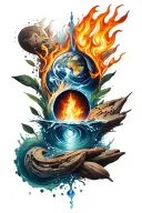 A unique design combining the four elements (earth, water, fire, air) into a cohesive and balanced composition tattoo design idea