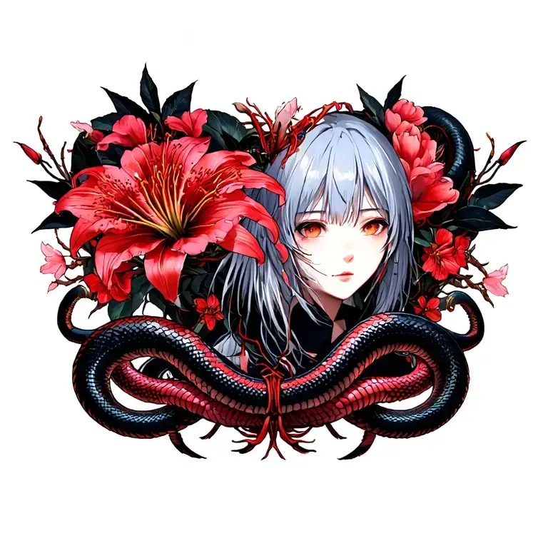 “Symmetrical, snakes, cherry blossoms, spider lilies, centipedes, the character Uta from the series Tokyo Ghoul.”  tattoo design idea