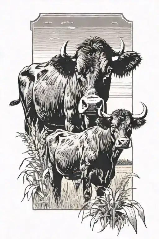 case IH symbol with a black angus cow sitting in a field of corn tattoo design idea