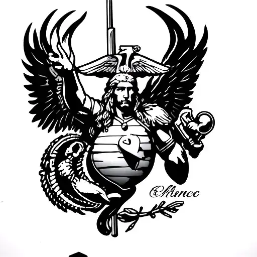 St Michael with flames, US Marine Corps emblem, Afghanistan outline, no color tattoo design idea