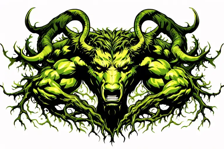 muscular male nature satyr heavyset bodybuilder muscles, vines and tree roots tribal pattern nature runic tattoo design idea