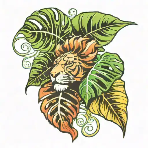 lionceau monstera leaf intertwined tattoo design idea