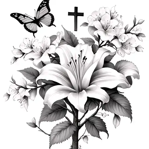 lily, rose, butterfly, cross, and almond blossom tree tattoo design idea