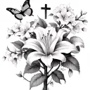lily, rose, butterfly, cross, and almond blossom tree tattoo design idea