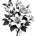 lily, rose, butterfly, cross, and almond blossom tree tattoo design idea
