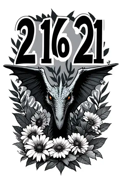 a fine line includes childrens birthdates 2-16-21 and 3-21-19 along with birth month flowers and pterodactyl and monster tattoo design idea