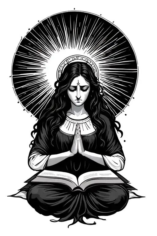 The sun is behind the female priestess. She has an open holy book on her lap and prays to the sky with a sad expression. tattoo design idea