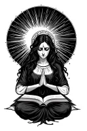 The sun is behind the female priestess. She has an open holy book on her lap and prays to the sky with a sad expression. tattoo design idea