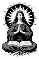 The sun is behind the female priestess. She has an open holy book on her lap and prays to the sky with a sad expression. tattoo design idea