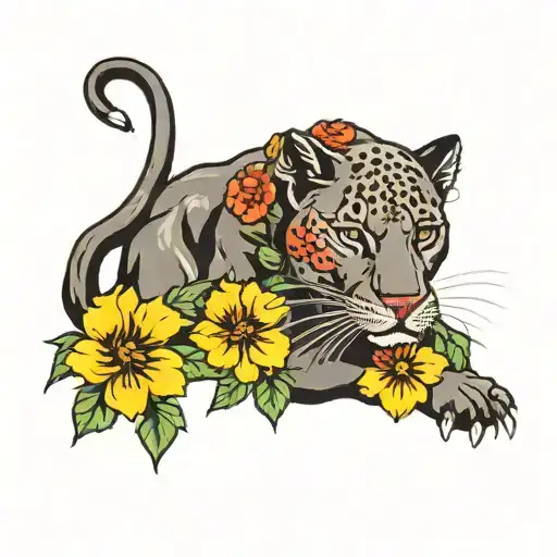 panther with flowers in full growth tattoo design idea