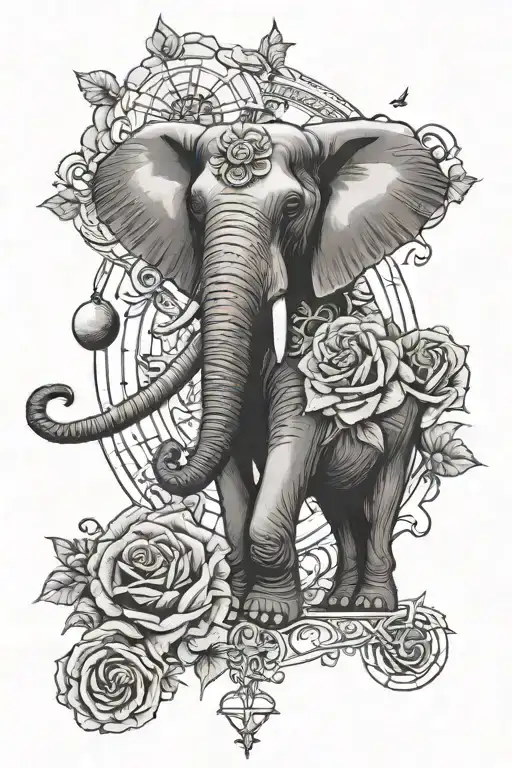 Elephant in front, roses under the elephant, a compass and a moon on top of the elephant tattoo design idea