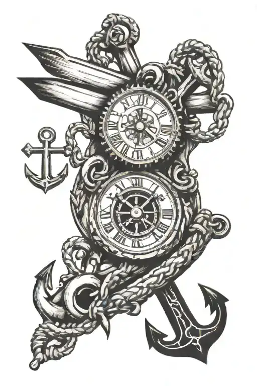 clock and anchor cross tattoo design idea