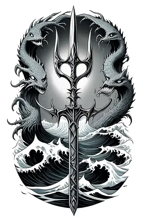 trident surrounded with waves and sea monster emerging tattoo design idea