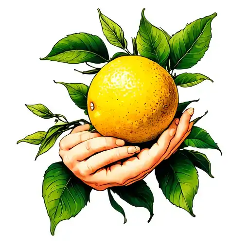 a lemon branch being held by baby hands tattoo design idea
