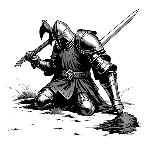 design me a medieval templar knight kneeling with his sword on a battlefield tattoo design idea