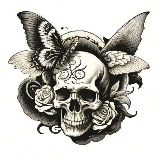 Skull in the middle with an angel wing on one side and a butterfly wing on the other tattoo design idea